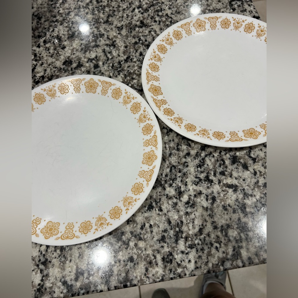 Corelle White Dinner Plates with Gold Floral Design & green floral designs (3)